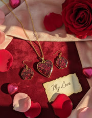 Handcrafted Real Rose Petal Resin Heart Necklace & Earrings Set