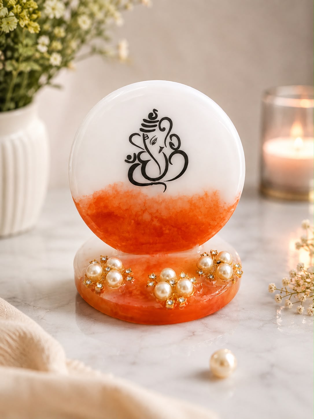 Handcrafted Resin Lord Ganesha Decorative Table Stand with Orange & Pearl Base