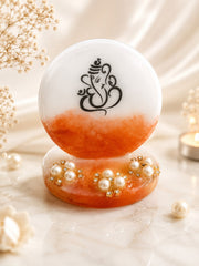 Handcrafted Resin Lord Ganesha Decorative Table Stand with Orange & Pearl Base