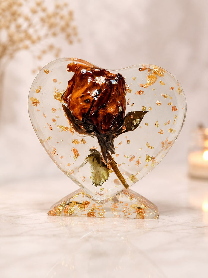 Handcrafted Preserved Rose Heart Resin Stand | Romantic Home Décor