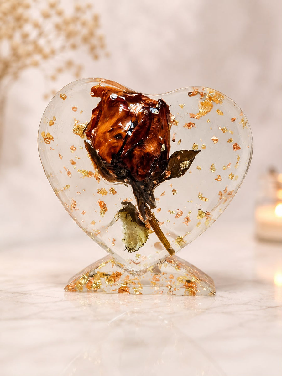 Handcrafted Preserved Rose Heart Resin Stand | Romantic Home Décor
