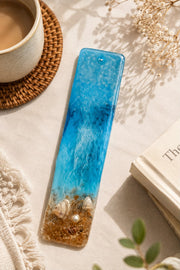 Handcrafted Ocean Blue Resin Bookmark with Real Seashells