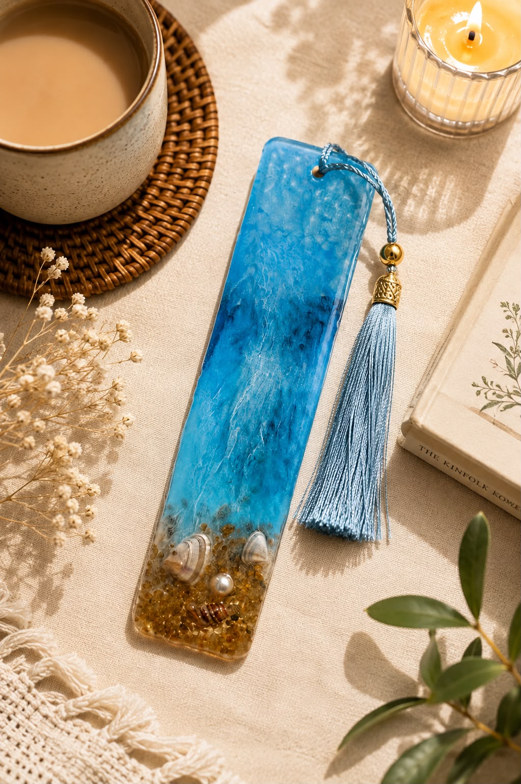 Handcrafted Ocean Blue Resin Bookmark with Real Seashells