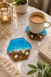 Handcrafted Ocean Wave Resin Coaster with Real Seashells & Pearls