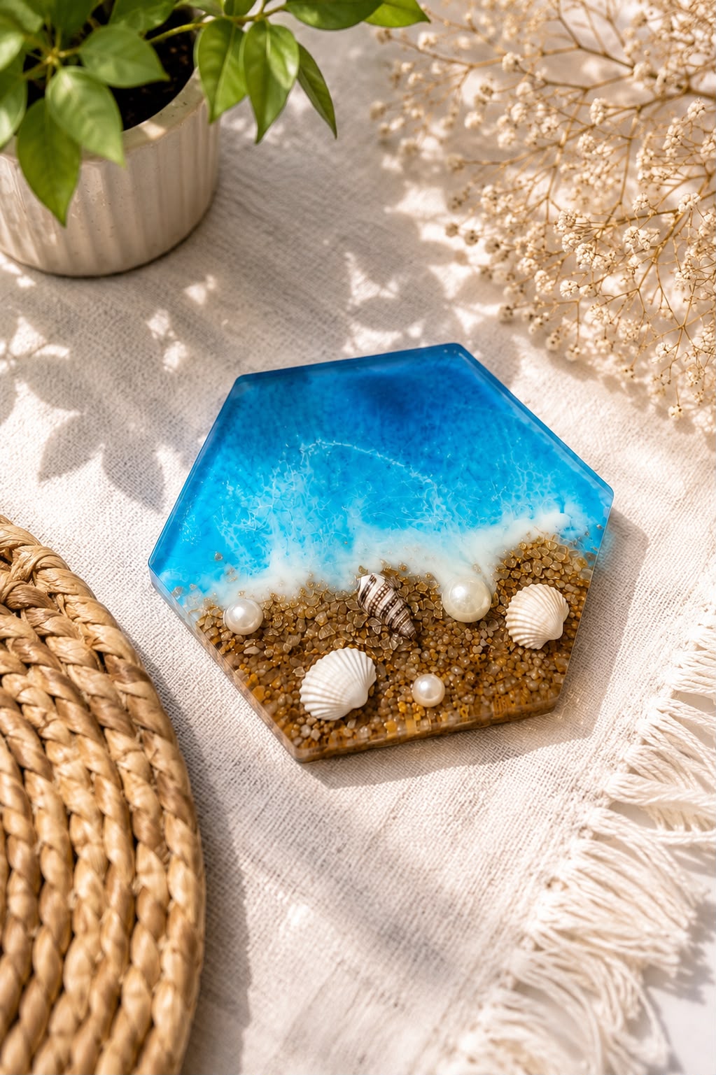 Handcrafted Ocean Wave Resin Coaster with Real Seashells & Pearls