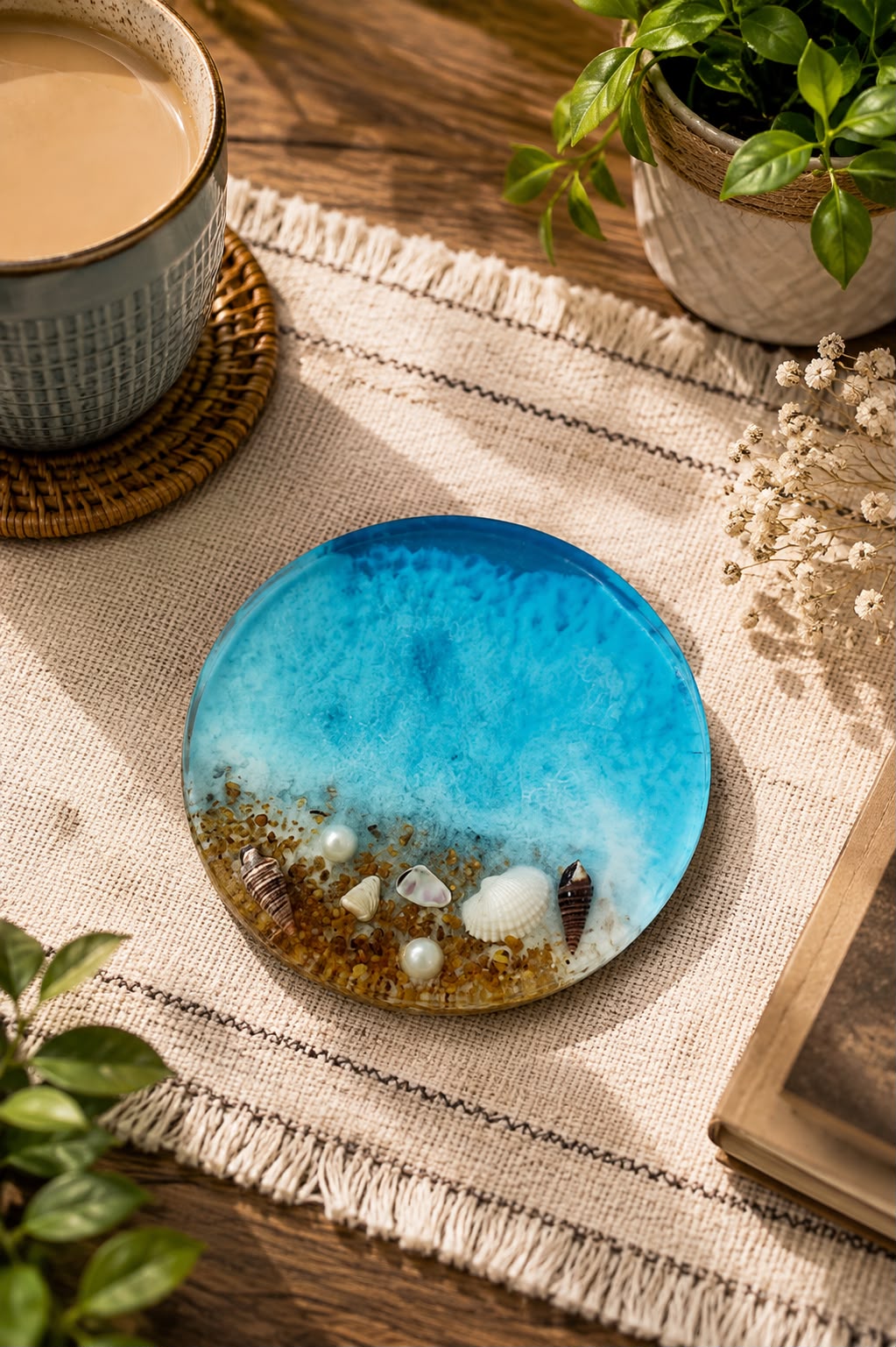 Handcrafted Ocean Wave Resin Round Coaster Real Seashell & Pearl Beach Art