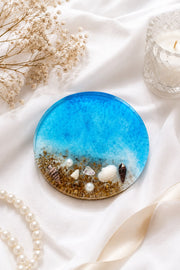 Handcrafted Ocean Wave Resin Round Coaster Real Seashell & Pearl Beach Art