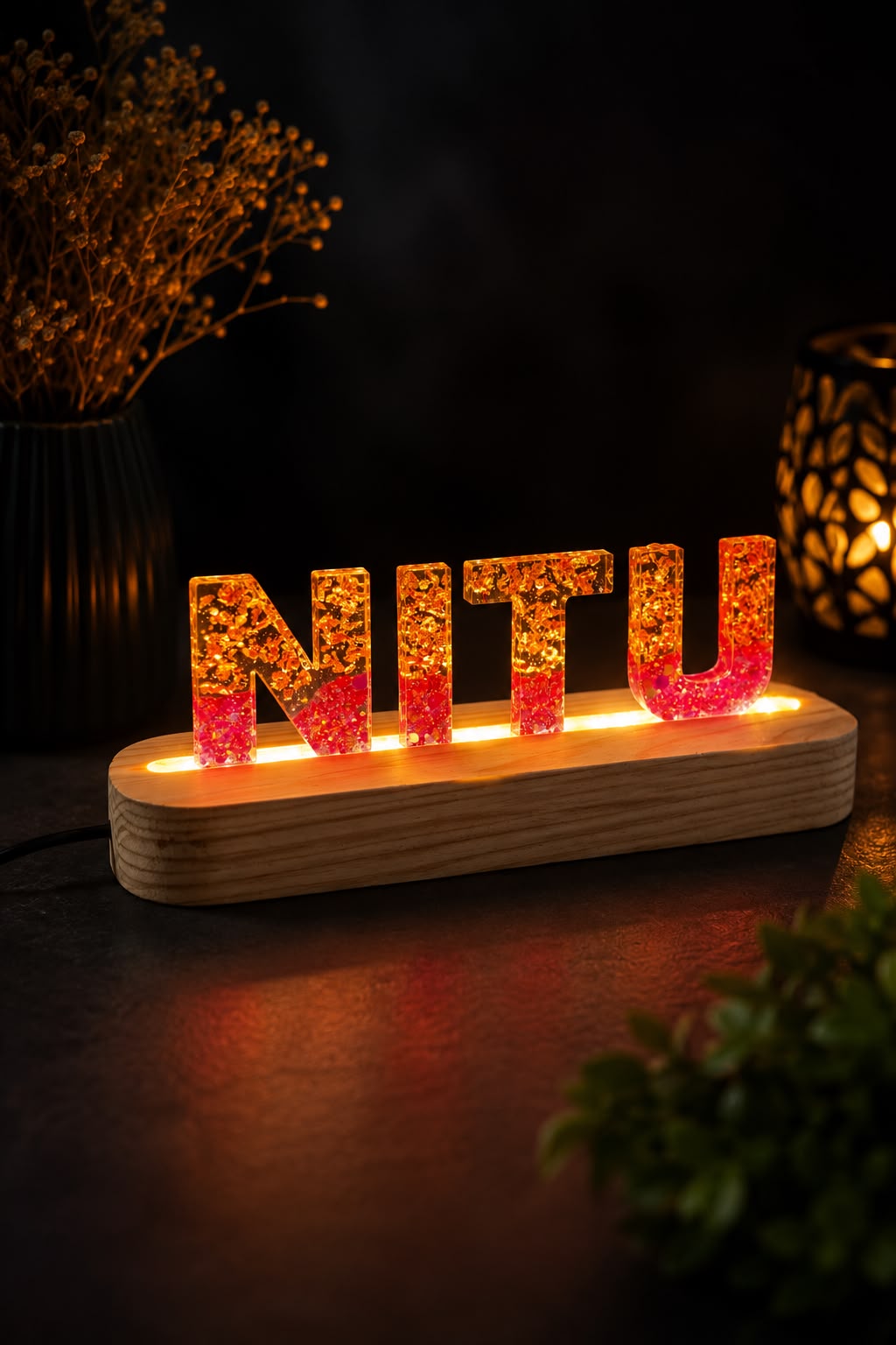 Custom Handmade Resin Name LED Stand with Gold Foil & Pink Glitter