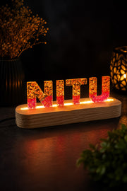 Custom Handmade Resin Name LED Stand with Gold Foil & Pink Glitter