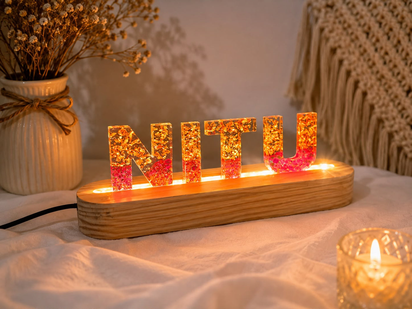 Custom Handmade Resin Name LED Stand with Gold Foil & Pink Glitter