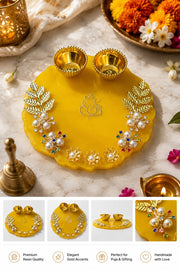 Handcrafted Resin Pooja Thali with Ganesha Design, Golden Diya Bowls & Pearl Embellishments