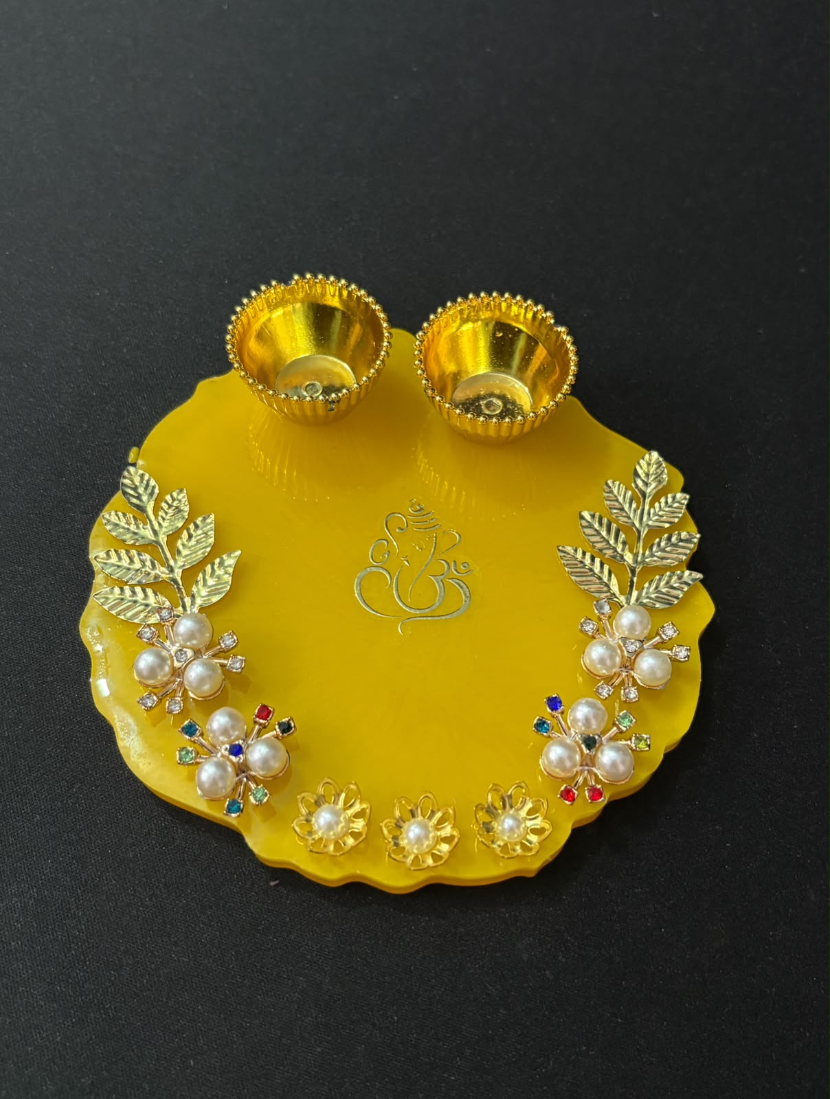 Handcrafted Resin Pooja Thali with Ganesha Design, Golden Diya Bowls & Pearl Embellishments