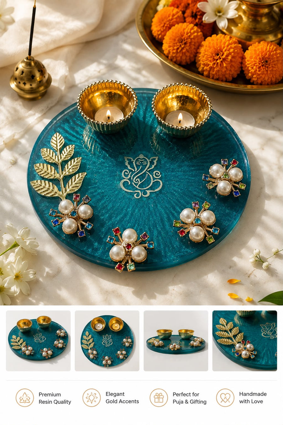 Handcrafted Resin Pooja Thali with Ganesha Design, Golden Diya Bowls & Pearl Floral Embellishments
