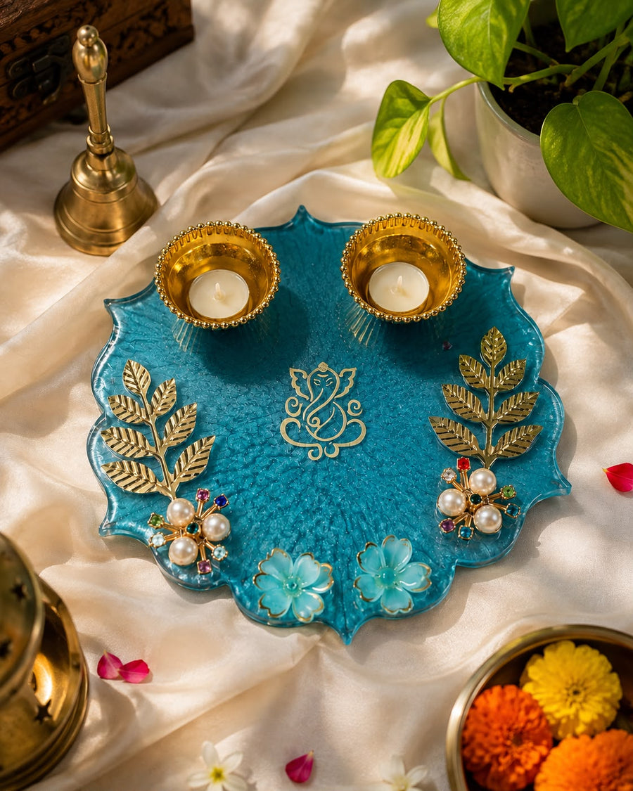 Handmade Resin Pooja Thali with Diya & Ganesha Design | Decorative Pooja Plate