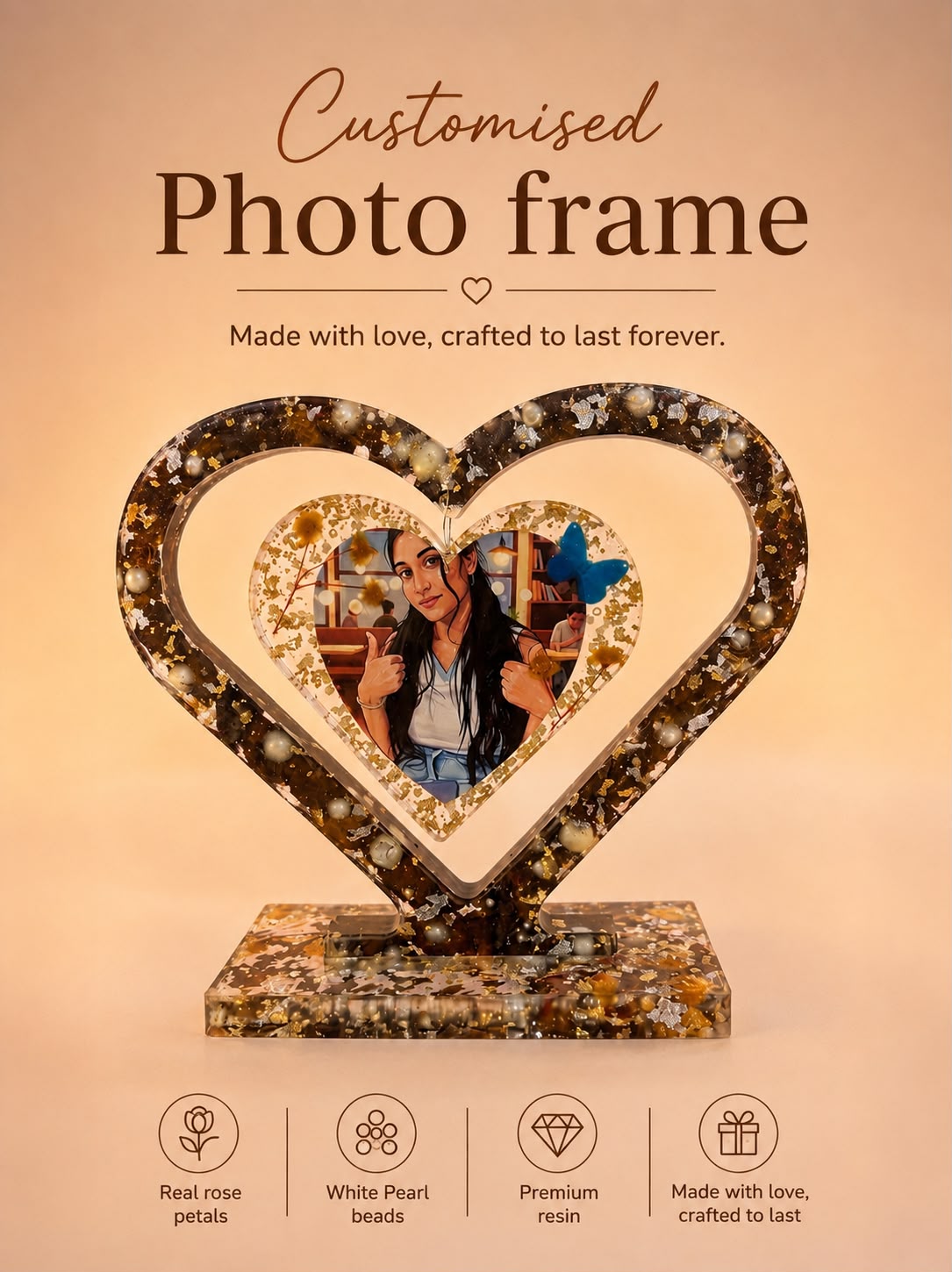 Customized Heart Shape Resin Photo Frame – Handmade Personalized Couple & Memory Frame