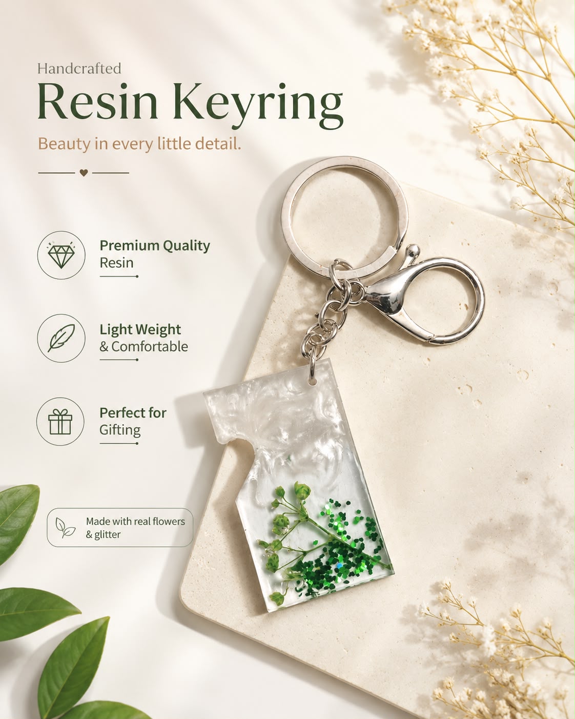 Minimalist Pearl Resin Keychain – Handmade Gift
