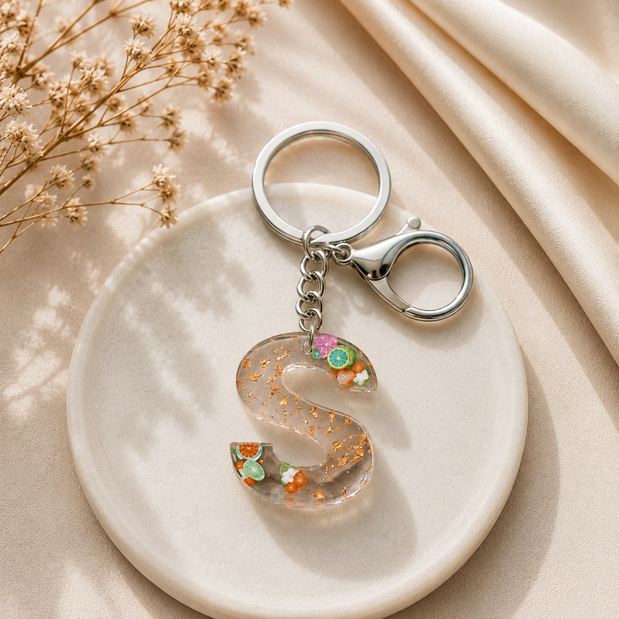 Cute Fruit Resin Alphabet Keyring – Glitter Initial Letter