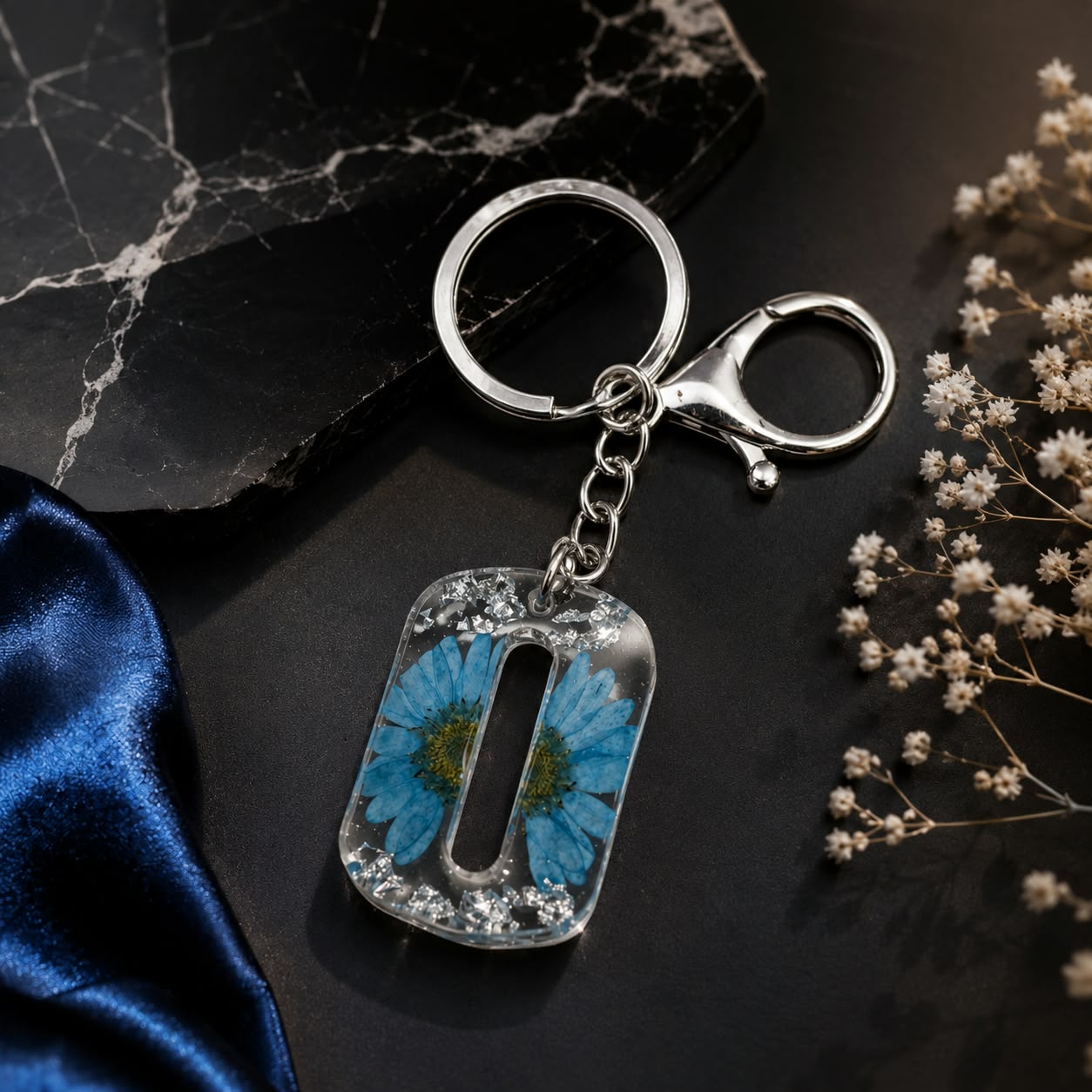 Blue Flower Resin Alphabet Keychain – Stylish Bag & Car Charm
