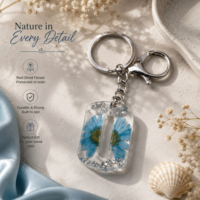Blue Flower Resin Alphabet Keychain – Stylish Bag & Car Charm