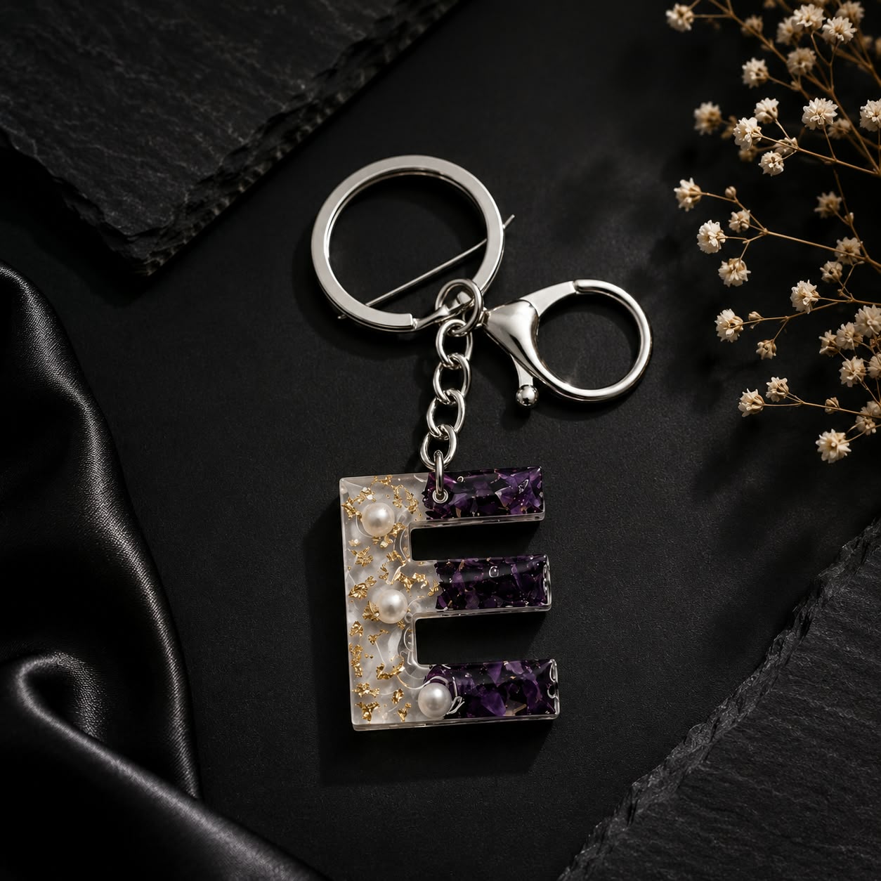 Elegant Real Rose With Beads and Gold Foil Combination Keychain