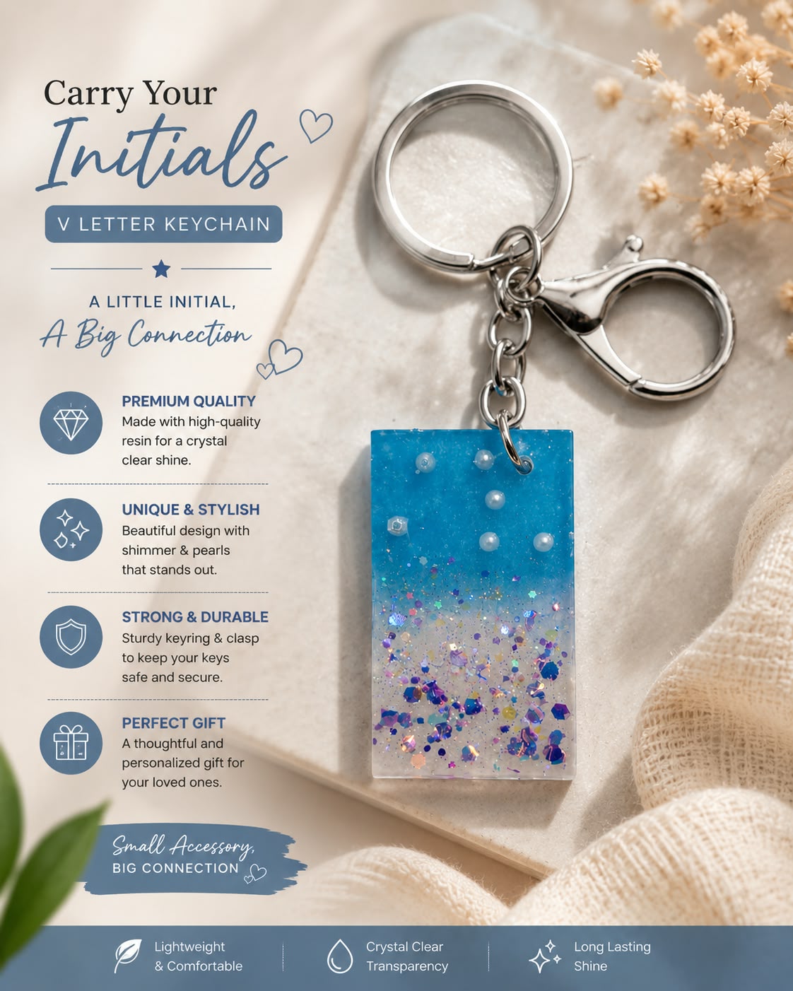 Blue Gradient Resin Rectangle Keychain – Handmade Glitter Keyring
