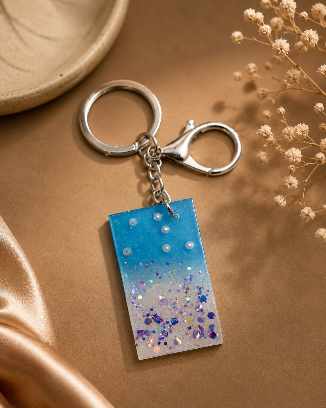 Blue Gradient Resin Rectangle Keychain – Handmade Glitter Keyring