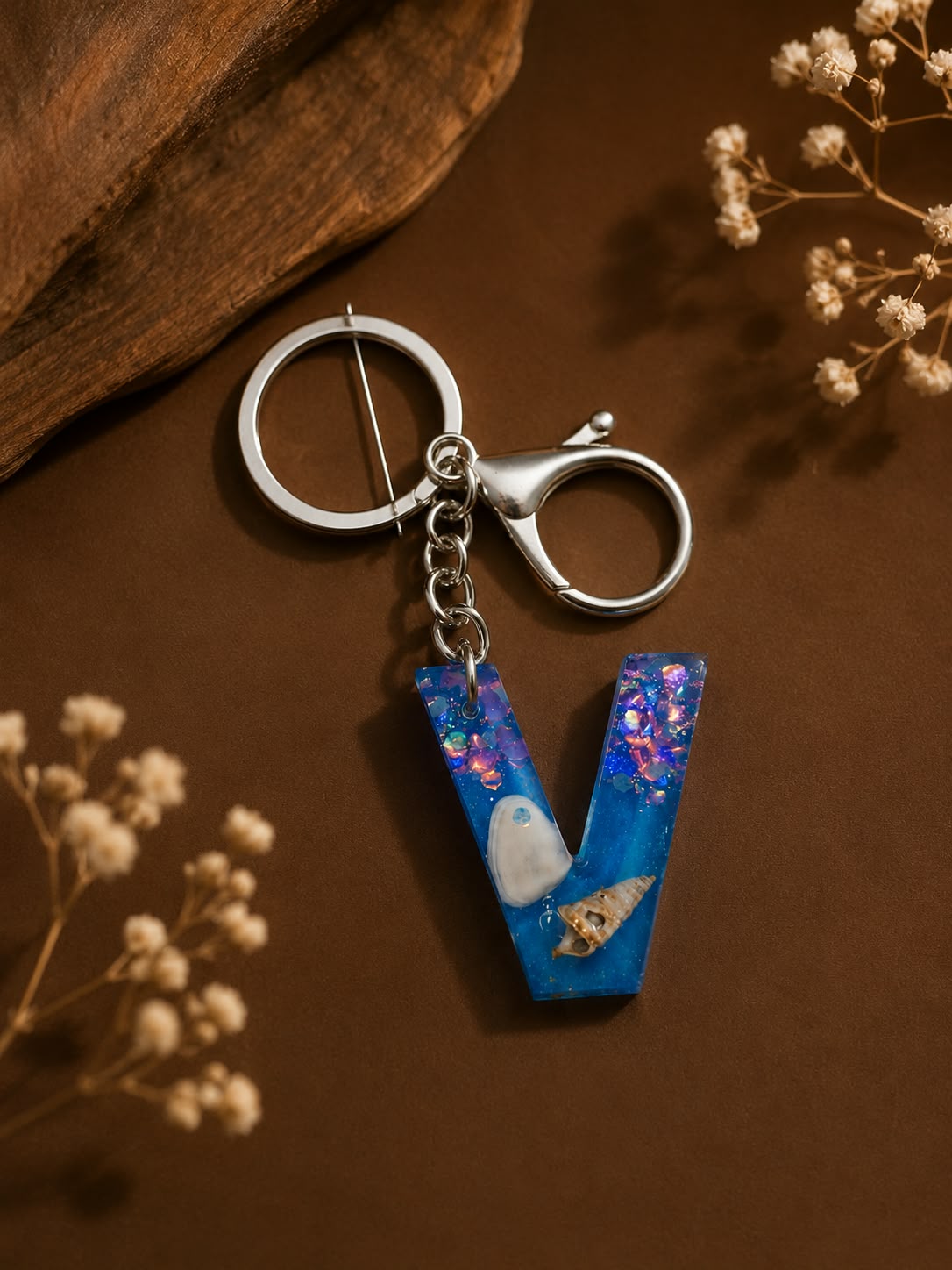 Beach-Inspired Resin Alphabet Keyring – Handmade Initial Gift