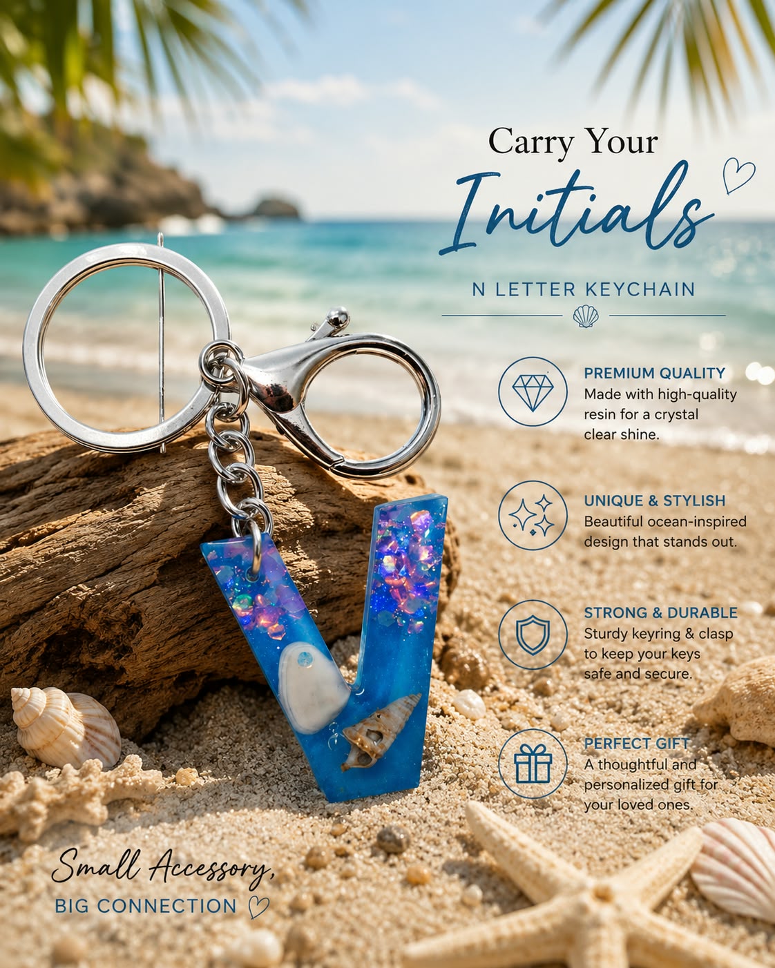 Beach-Inspired Resin Alphabet Keyring – Handmade Initial Gift