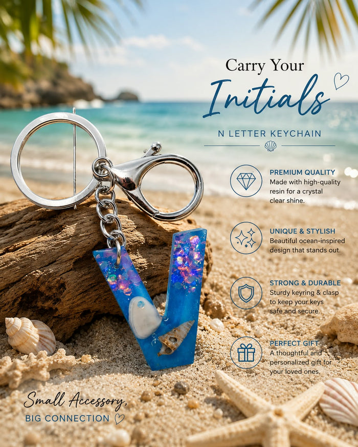 Beach-Inspired Resin Alphabet Keyring – Handmade Initial Gift