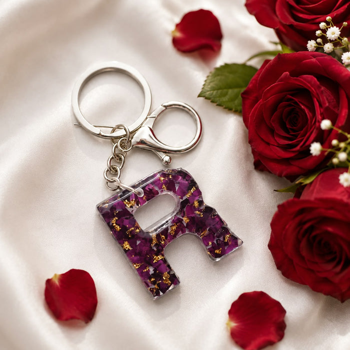 Customised Real Rose Preserved Resin Alphabet Keychain