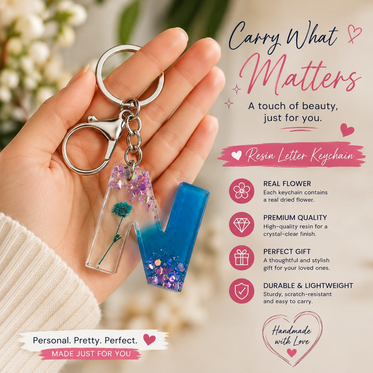 Blue Floral Resin Initial Keychain Custom Alphabet Charm
