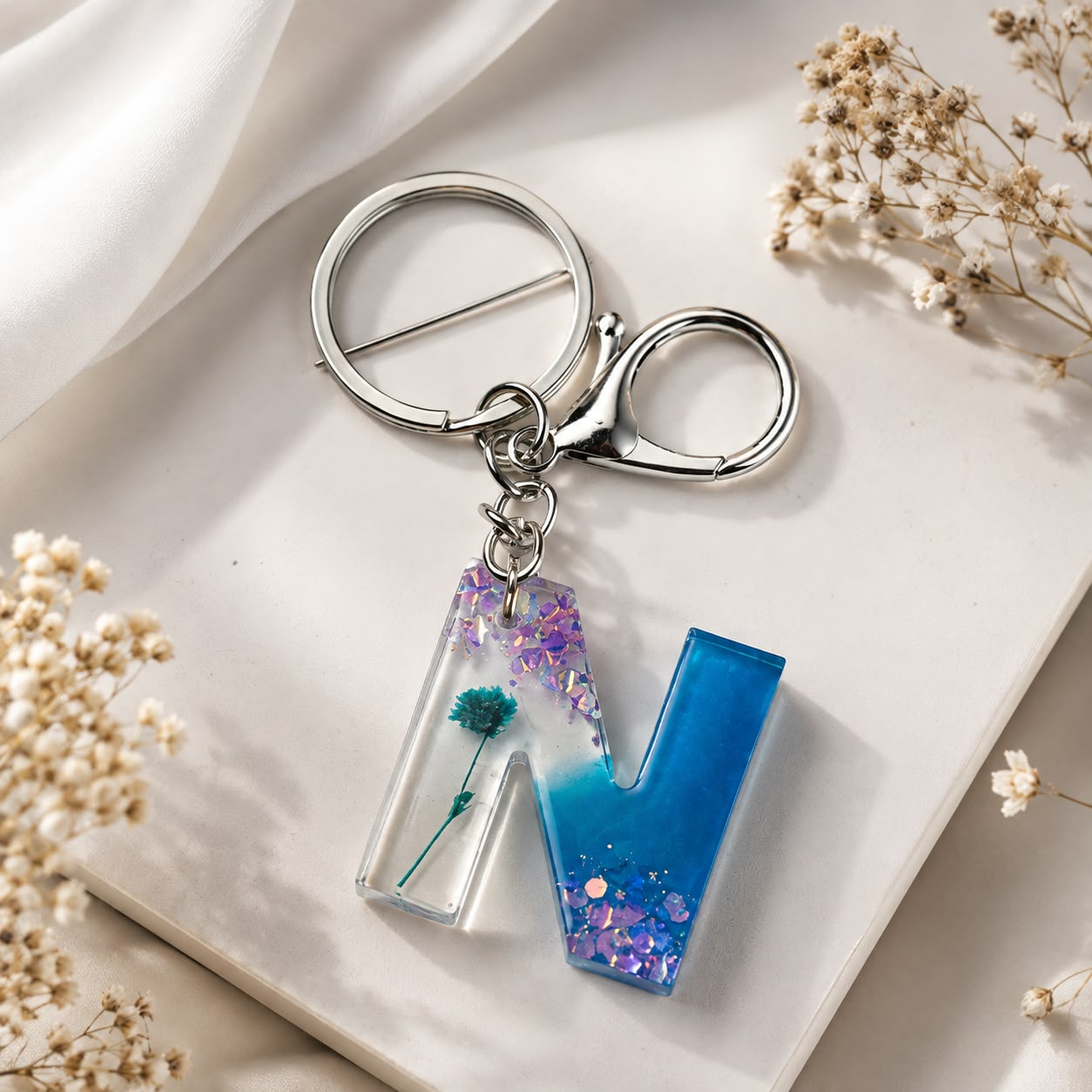 Blue Floral Resin Initial Keychain Custom Alphabet Charm