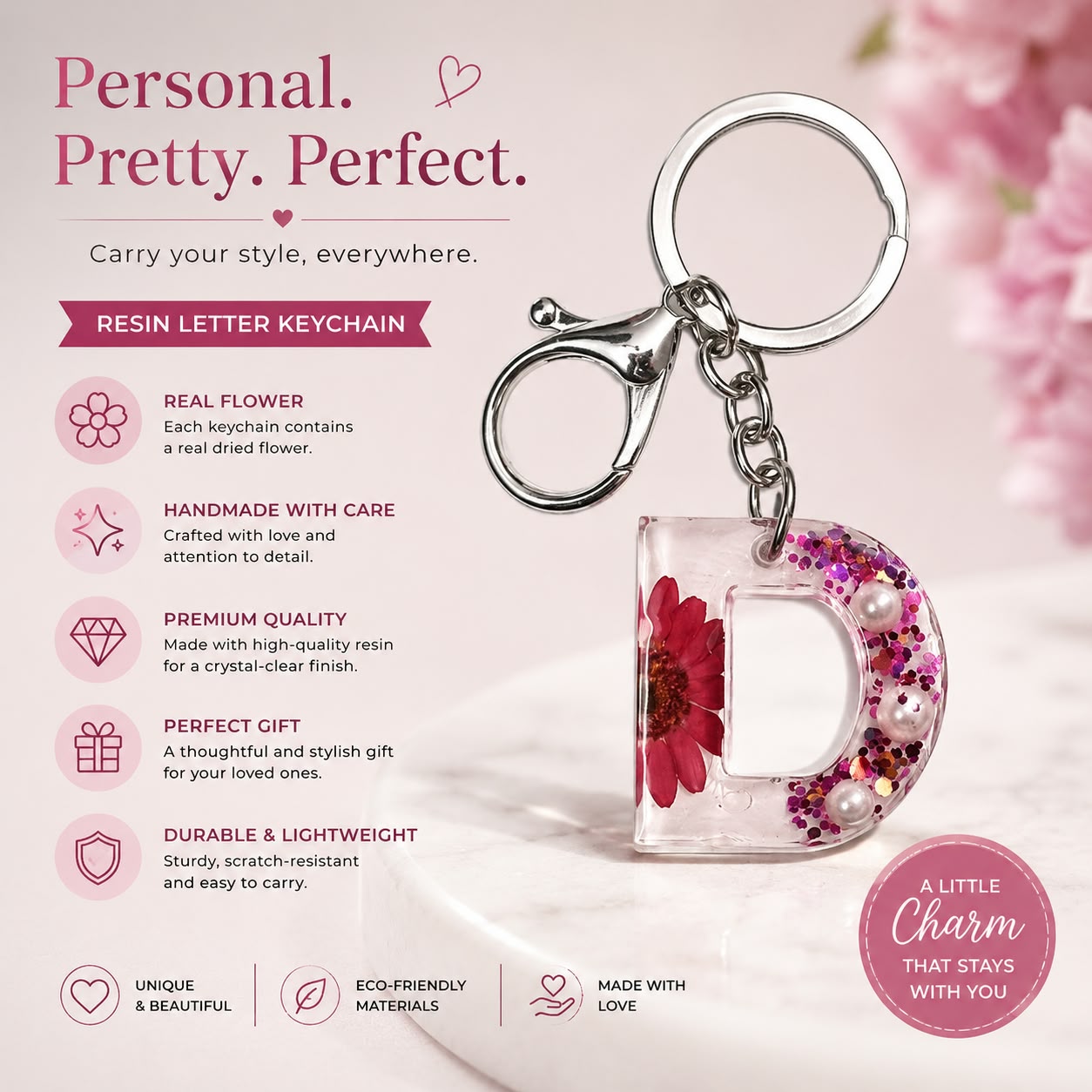 Luxury Floral Alphabet Resin Keychain | Handmade Initial Bag Charm