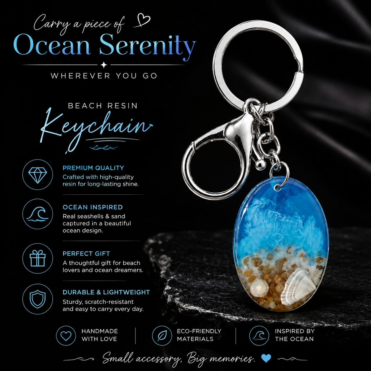 Ocean Resin Beach Keychain – Handmade Blue Sea Shell Keyring
