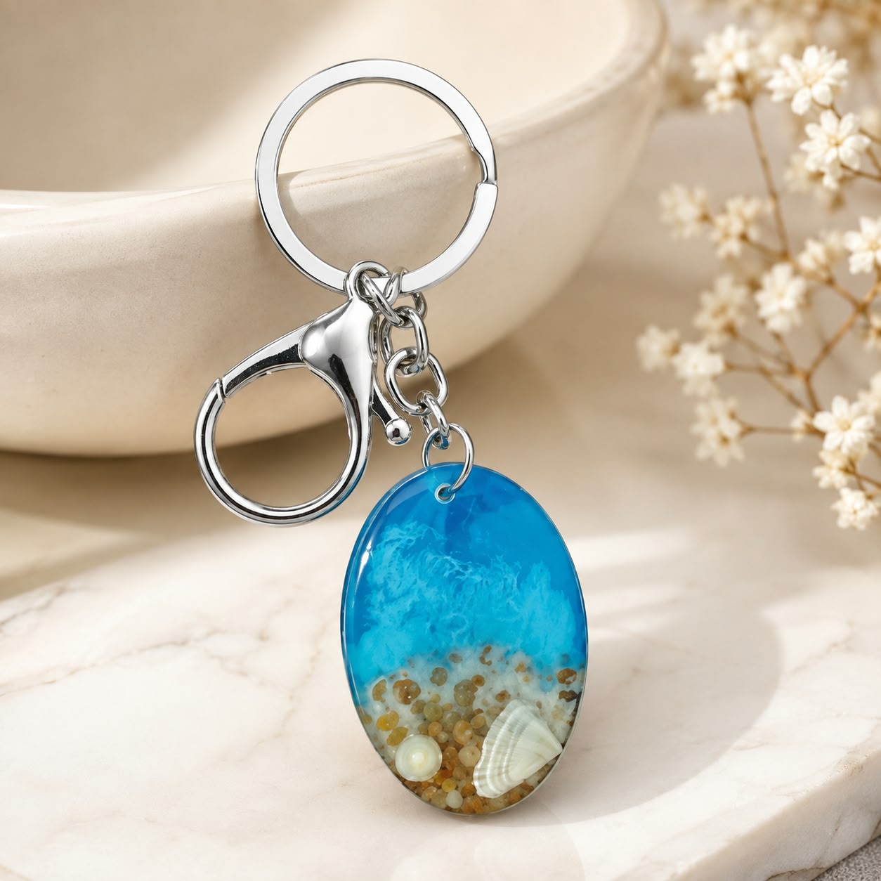 Ocean Resin Beach Keychain – Handmade Blue Sea Shell Keyring