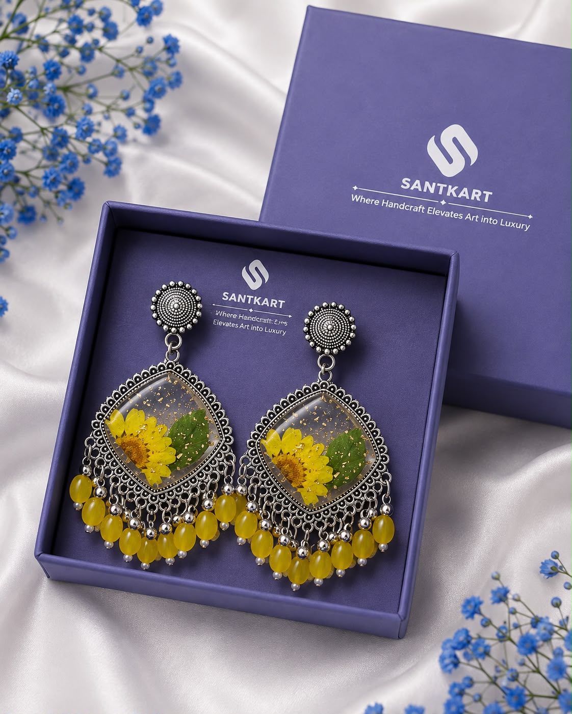 Handcrafted Yellow Floral Resin Oxidised Jhumka with Beaded Drops