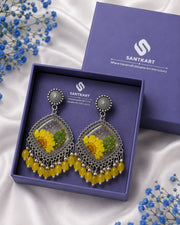 Handcrafted Yellow Floral Resin Oxidised Jhumka with Beaded Drops