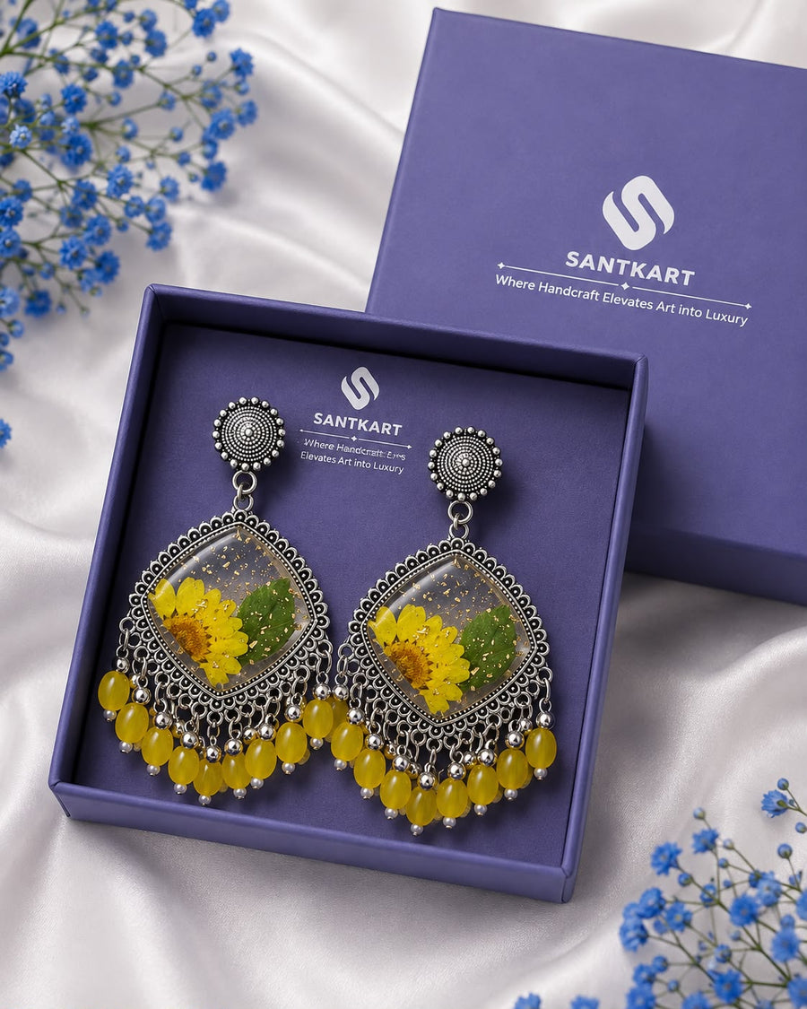 Handcrafted Yellow Floral Resin Oxidised Jhumka with Beaded Drops