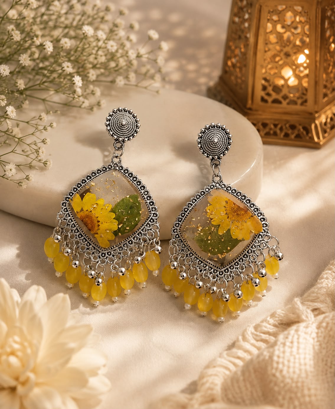 Handcrafted Yellow Floral Resin Oxidised Jhumka with Beaded Drops