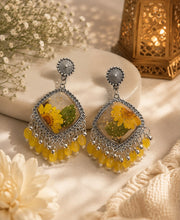 Handcrafted Yellow Floral Resin Oxidised Jhumka with Beaded Drops