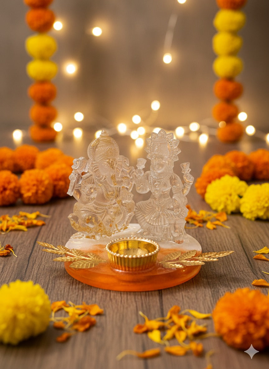 Handcrafted Resin Laxmi Ganesh Diya with Golden Leaves – Festive Home Décor