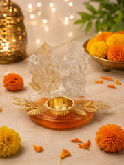 Handcrafted Resin Laxmi Ganesh Diya with Golden Leaves – Festive Home Décor