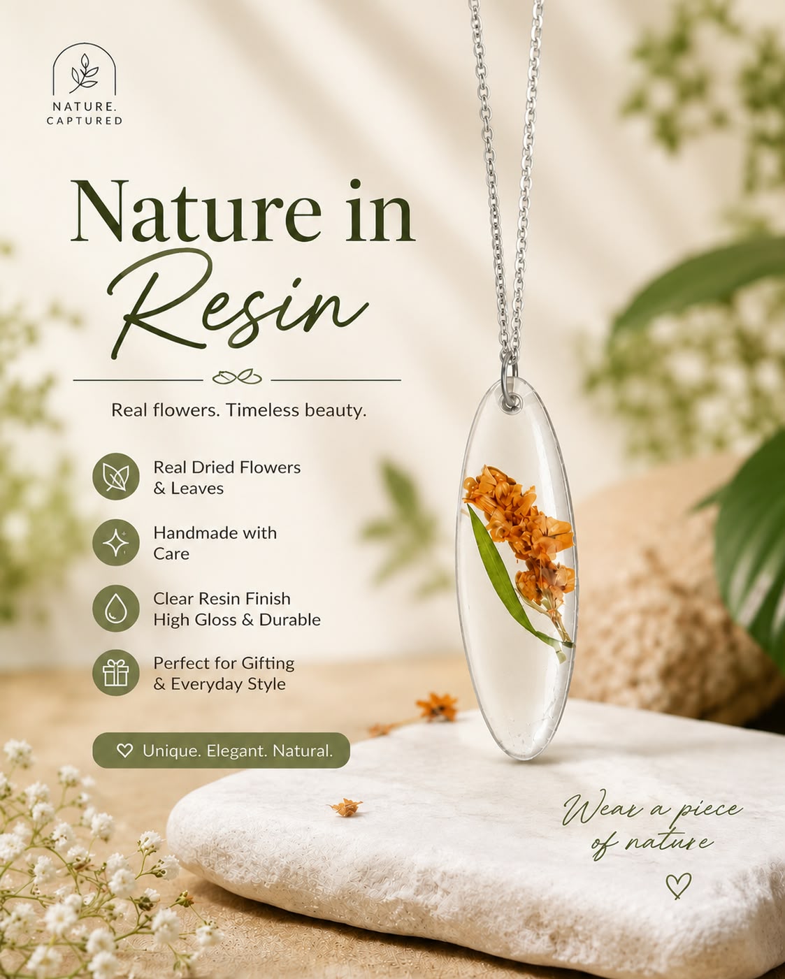 Botanical Resin Pendant with Silver Chain