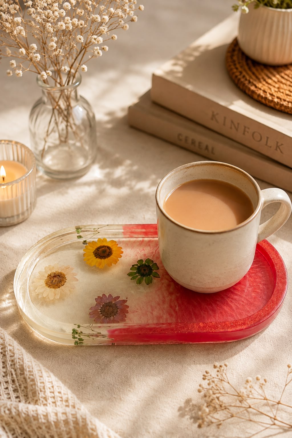 Handcrafted Resin Floral Serving Tray| Transparent Flower Art Tray