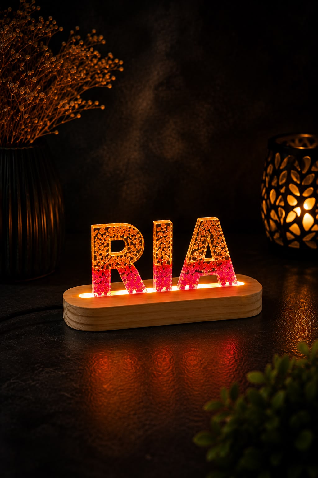 Custom Handmade Resin Name LED Stand with Gold Foil & Pink Glitter