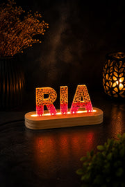 Custom Handmade Resin Name LED Stand with Gold Foil & Pink Glitter