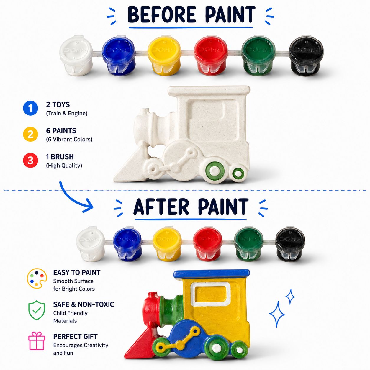 DIY Concrete Train Painting Kit for Kids – Train & Engine, 6 Paints & 1 Brush