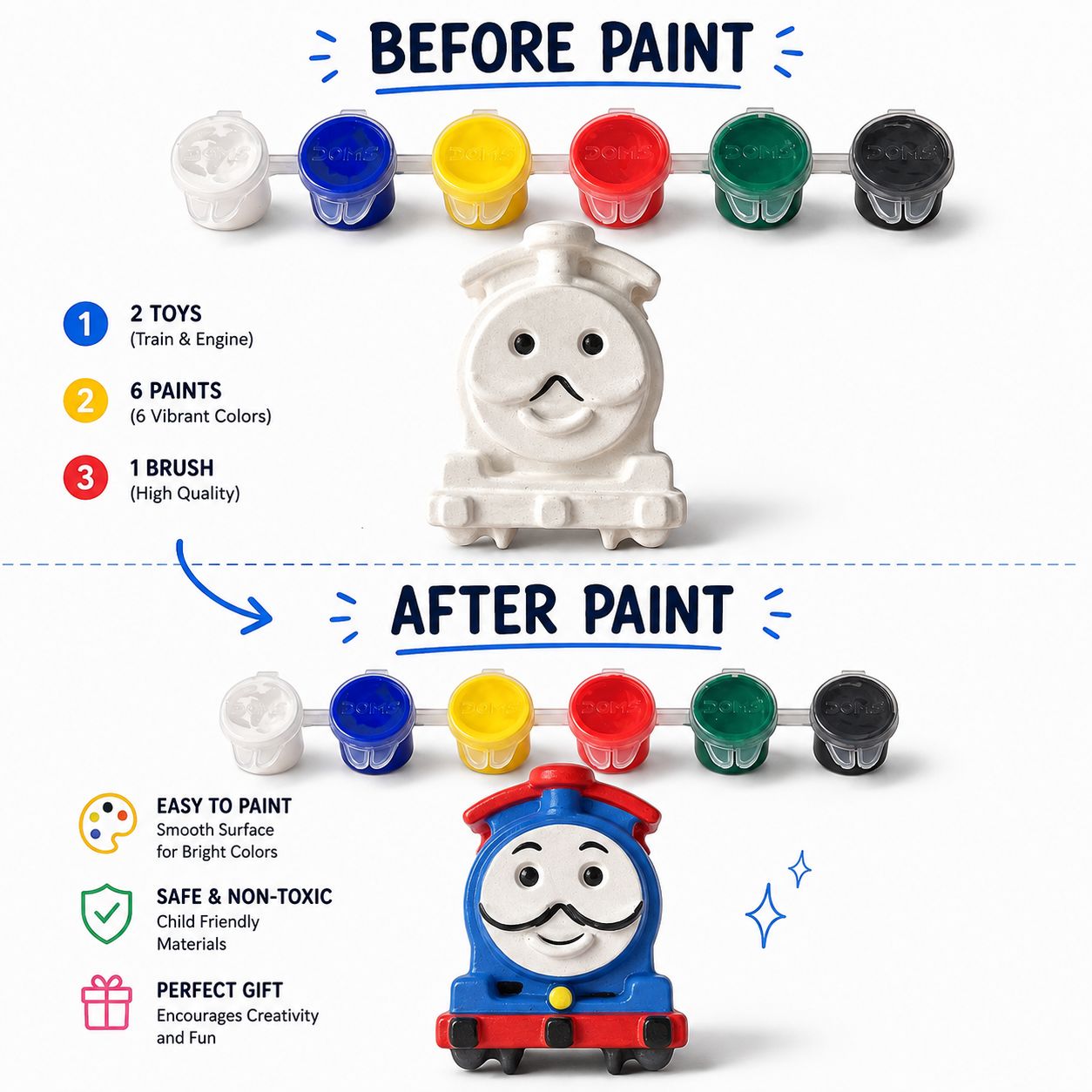 DIY Concrete Train Painting Kit for Kids – Train & Engine, 6 Paints & 1 Brush