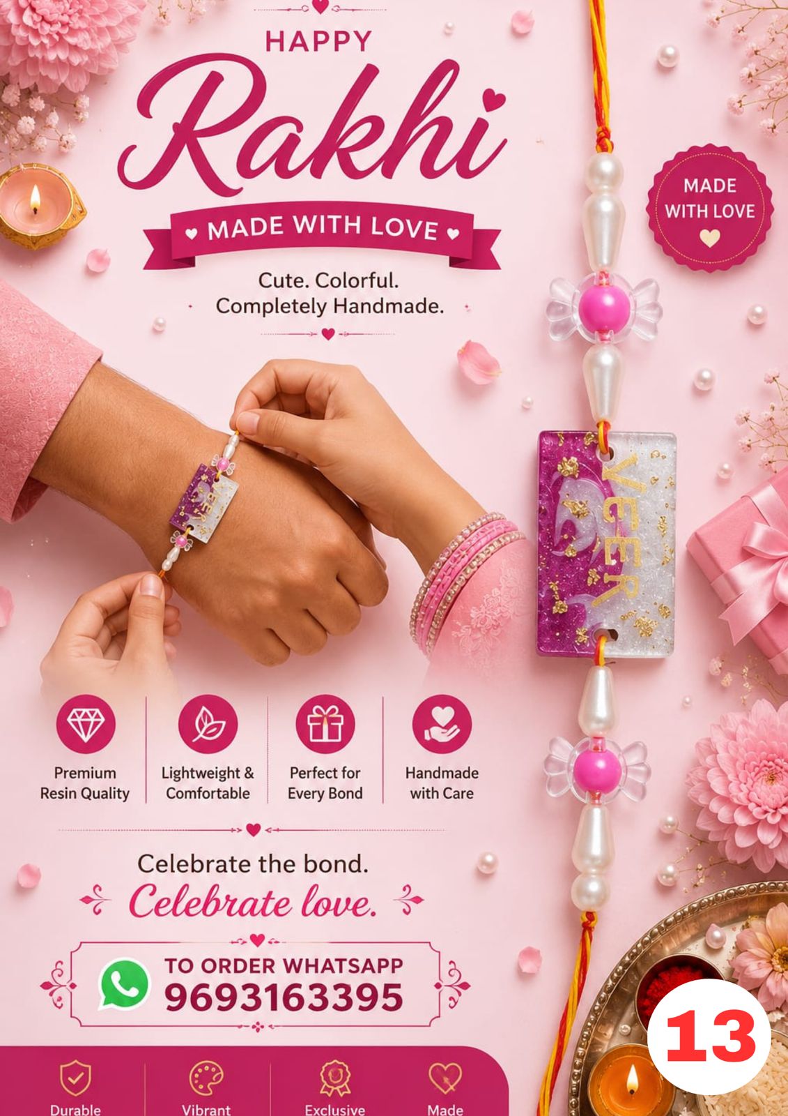 Pink Floral Resin Rakhi for Adults - Santkart