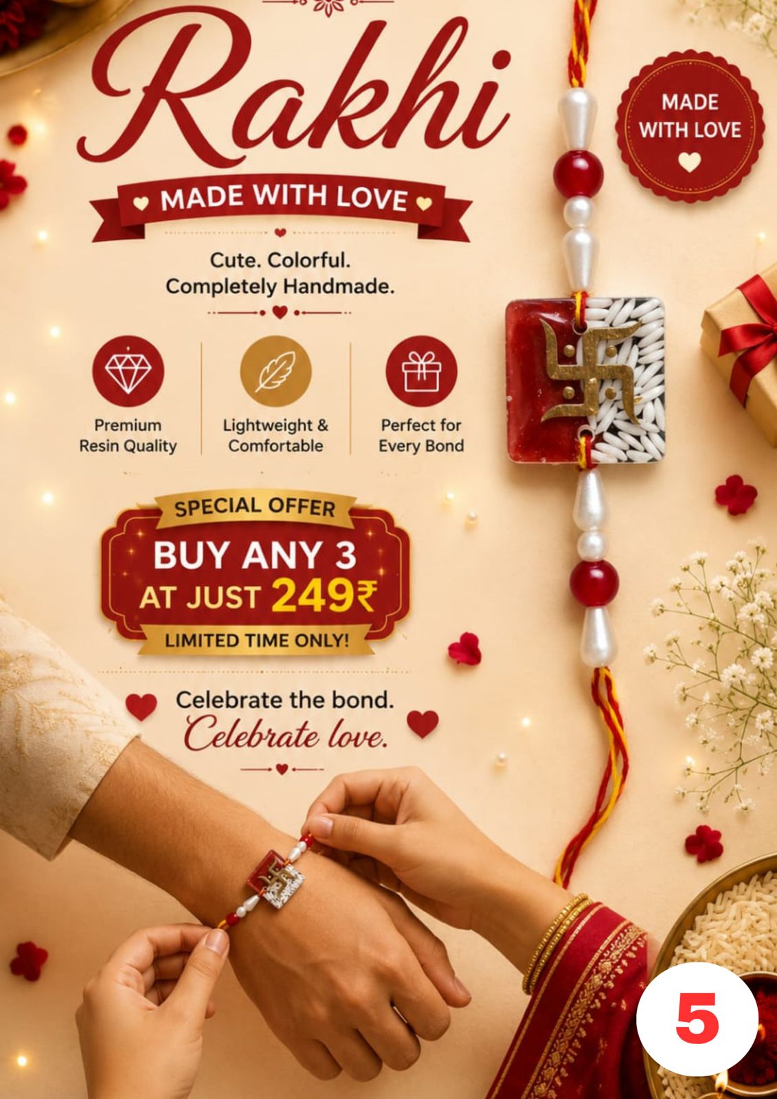 Red & White Swastik Pearl Resin Rakhi for Adults - Santkart